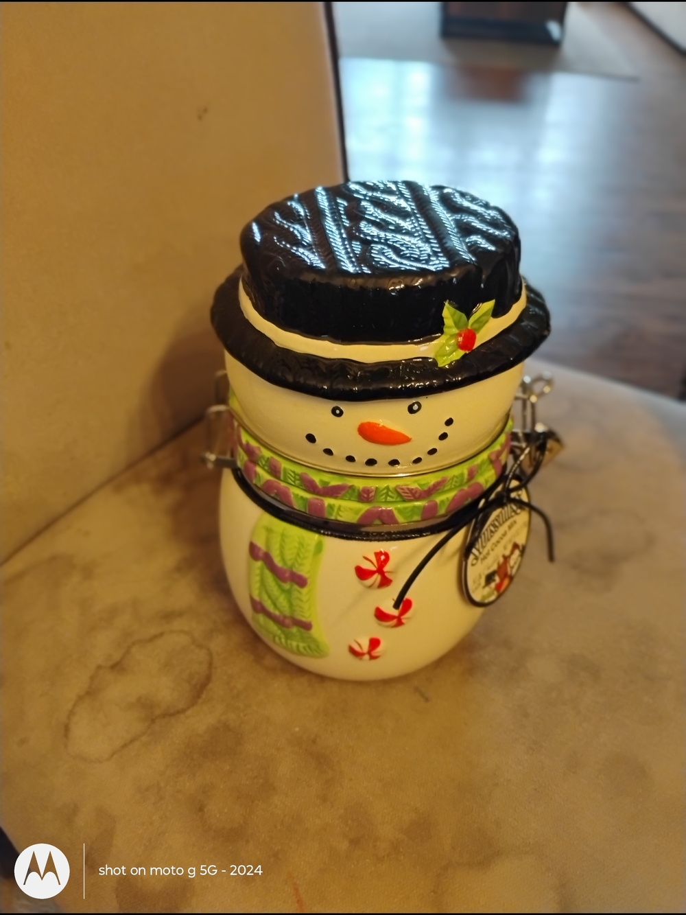 Festive Snowman Cookie Jar - Black Hat, Green Scarf